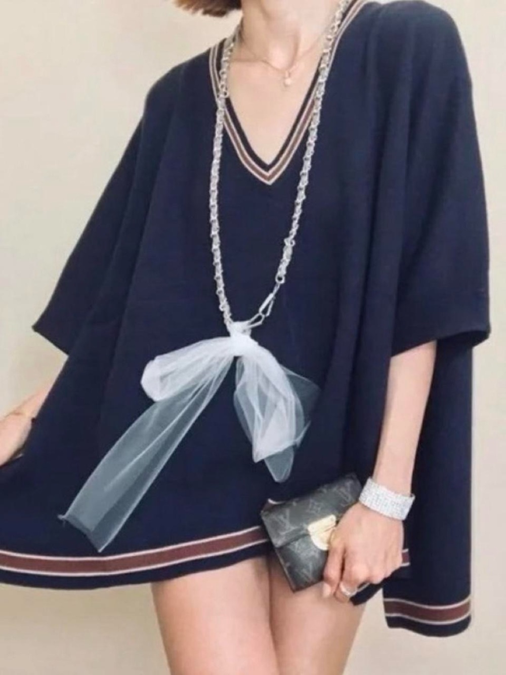 House of Harlow 1960 Navy V-Neck Knit Poncho with Stripe Trim
